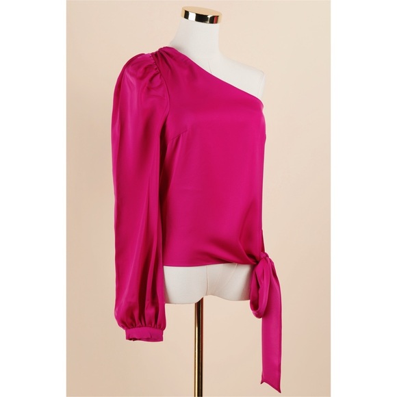 Sz XS Buffalo Satiny Fuschia Asymmetrical One Shoulder Self Tie Blouse NWT - Picture 1 of 5